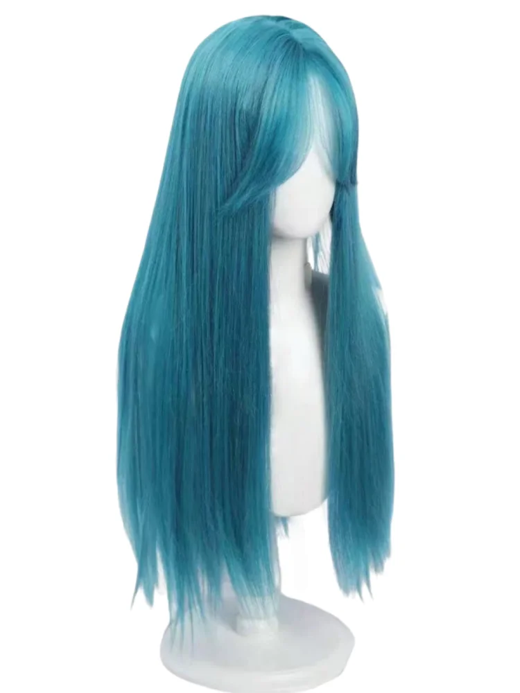 Teal Blue Long Straight Wig – Synthetic Hair with Bangs, Smooth Shine & Natural Parting for Anime, Cosplay, Festival & Stage