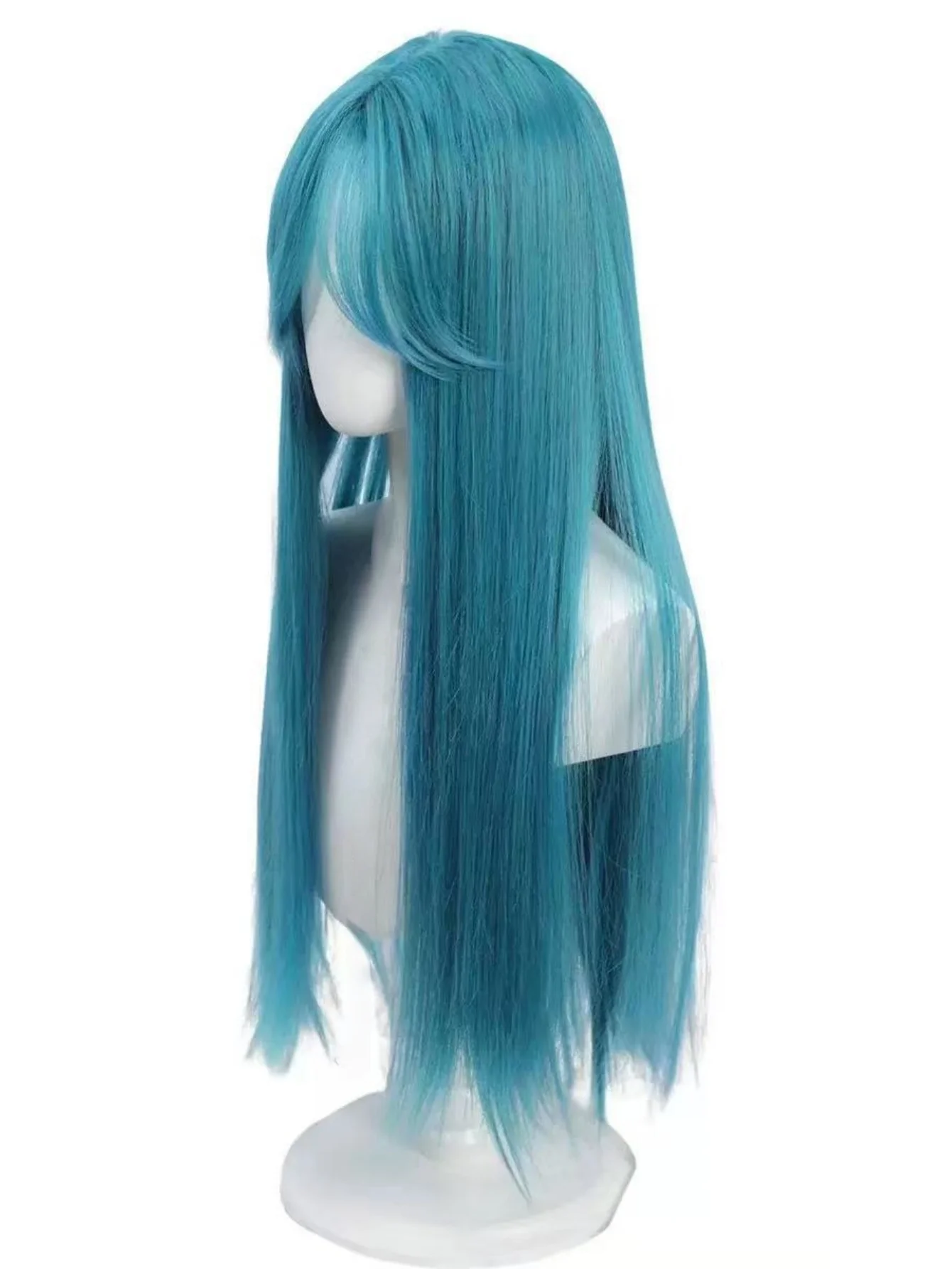 Teal Blue Long Straight Wig – Synthetic Hair with Bangs, Smooth Shine & Natural Parting for Anime, Cosplay, Festival & Stage