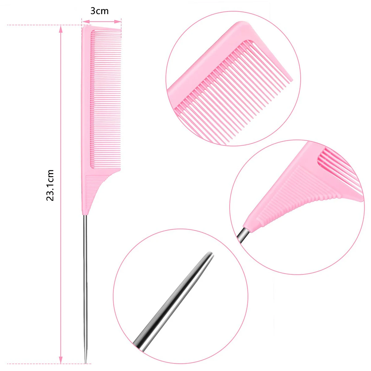 3pcs Professional Pointed Tail Salon Ponytail Comb Anti-Static Hair Comb Steel Needle Mouse Tail Comb Special for Real Hair Wigs