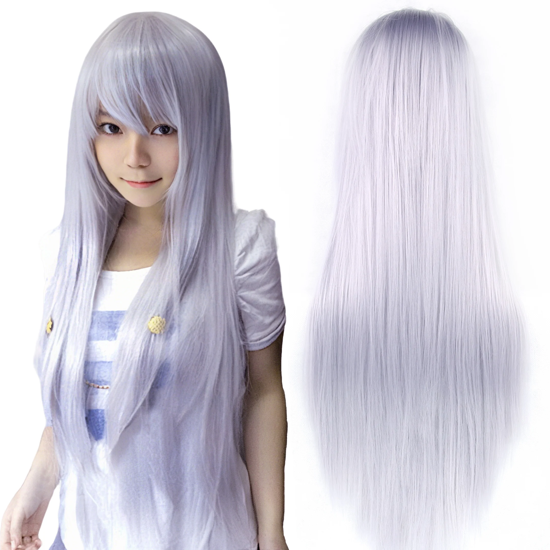 Synthetic Hair Long Gray Wig for Anime Cosplay Halloween Costume Sesshomaru Party Straight Grey Wig with Bangs