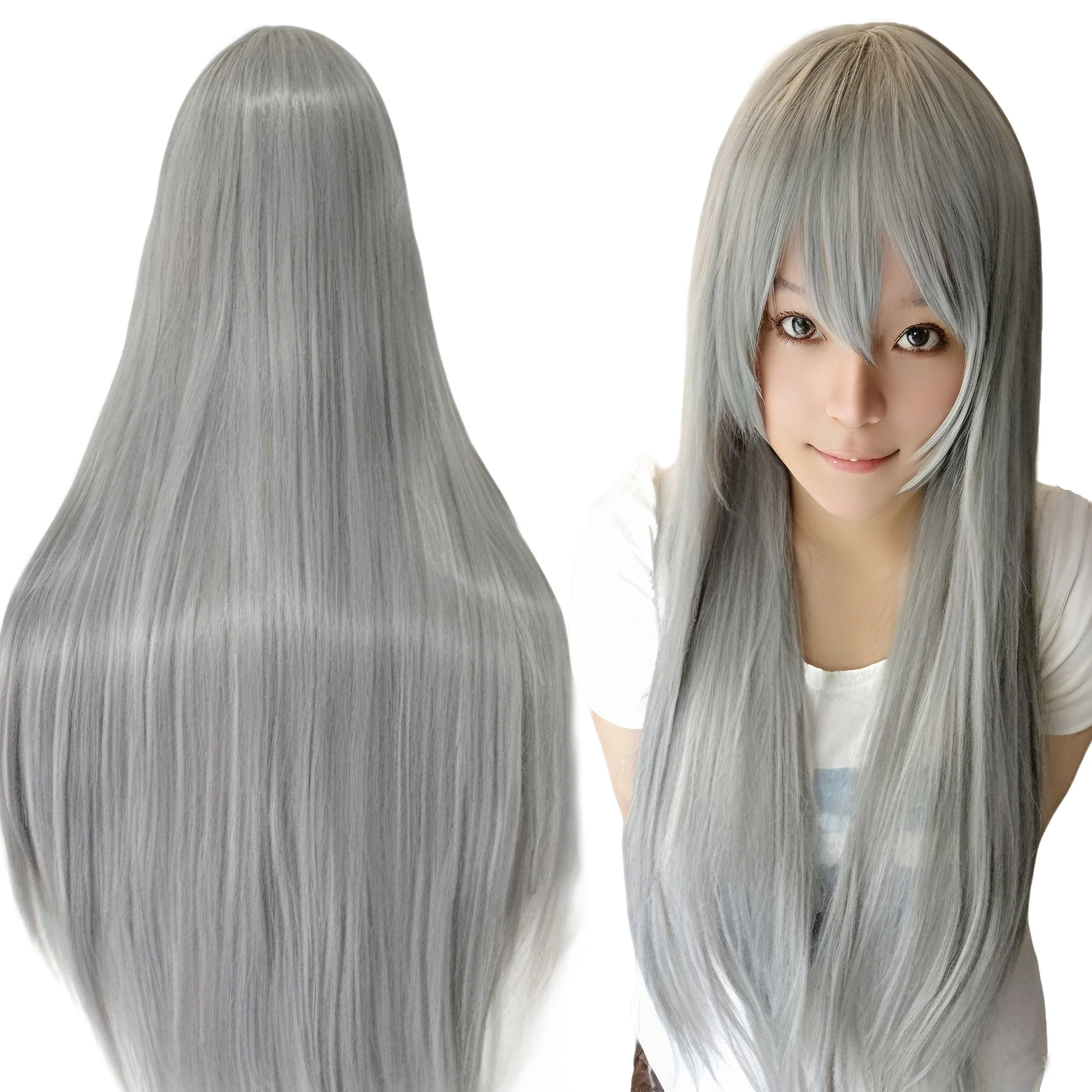 Synthetic Hair Long Gray Wig for Anime Cosplay Halloween Costume Sesshomaru Party Straight Grey Wig with Bangs