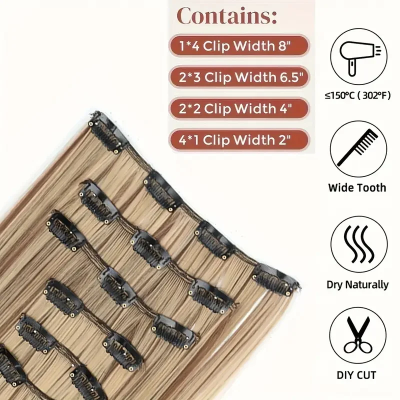 Synthetic 6pcs/set Long Straight Hair Extensions Ultra-Invisible Full Head Clip in Hair Extensions 24Inch for Women Daily Wear