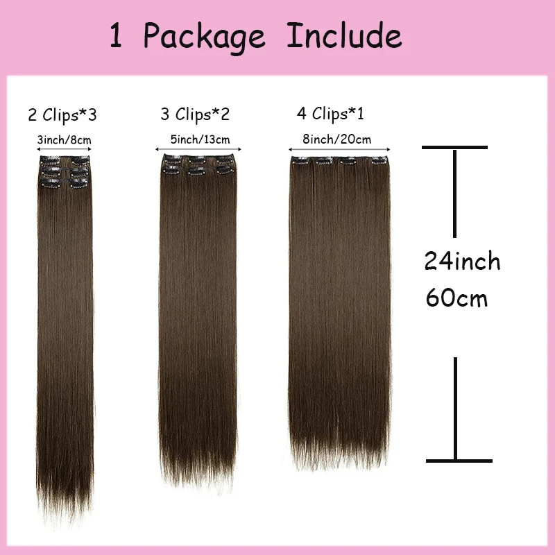 Synthetic 6pcs/set Long Straight Hair Extensions Ultra-Invisible Full Head Clip in Hair Extensions 24Inch for Women Daily Wear