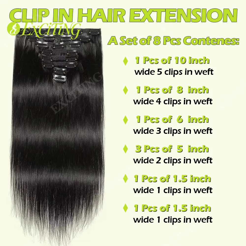 120g/8Pcs Clip In Brazilian Straight Human Hair Extensions Natural Black Color 20 22 24 26 Inches 100% Remy Human Hair Soft and Silky High Quality Fast Delivery to France 1 3 Days For Women