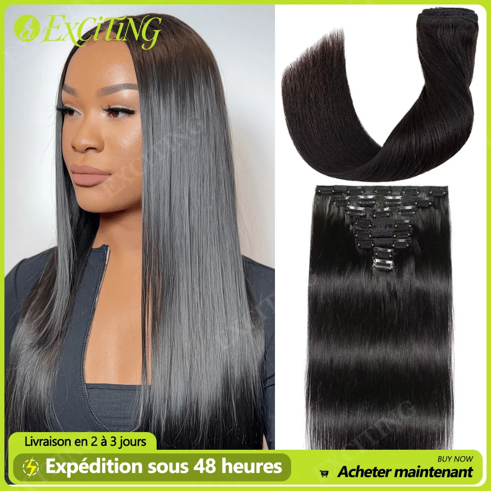 120g/8Pcs Clip In Brazilian Straight Human Hair Extensions Natural Black Color 20 22 24 26 Inches 100% Remy Human Hair Soft and Silky High Quality Fast Delivery to France 1 3 Days For Women