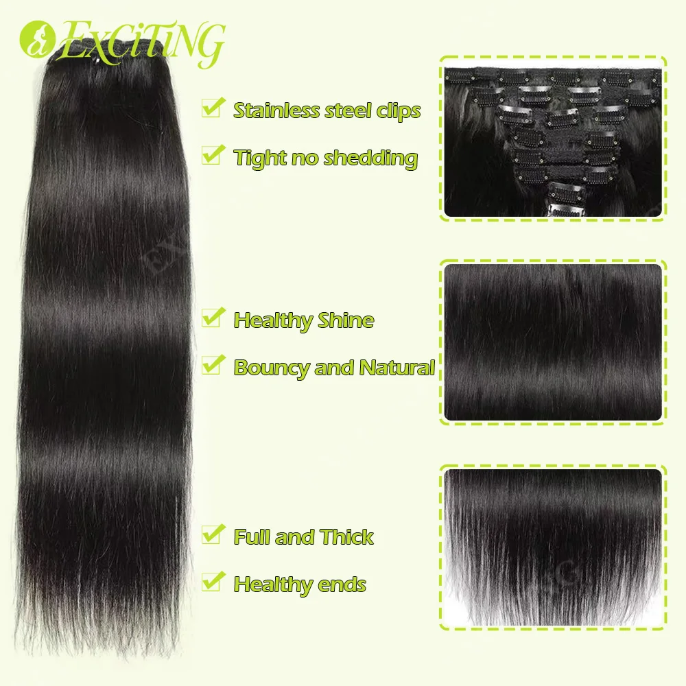 120g/8Pcs Clip In Brazilian Straight Human Hair Extensions Natural Black Color 20 22 24 26 Inches 100% Remy Human Hair Soft and Silky High Quality Fast Delivery to France 1 3 Days For Women