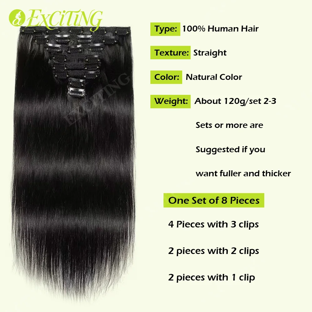 120g/8Pcs Clip In Brazilian Straight Human Hair Extensions Natural Black Color 20 22 24 26 Inches 100% Remy Human Hair Soft and Silky High Quality Fast Delivery to France 1 3 Days For Women