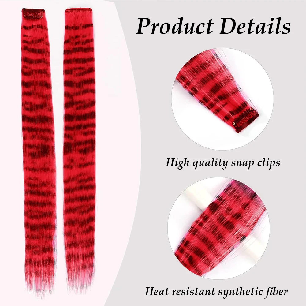 Stripe Printed Clip in Hair Extensions Colorful Synthetic Hair Highlights 18 Inches Straight Wig Hairpieces for Daily Use Party