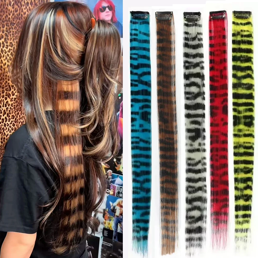 Stripe Printed Clip in Hair Extensions Colorful Synthetic Hair Highlights 18 Inches Straight Wig Hairpieces for Daily Use Party