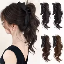 Synthetic Fiber Long Wavy Ponytail Hairpiece Clip In Hair Extension with Bow Easy Wear Volume Hairpiece Natural Look