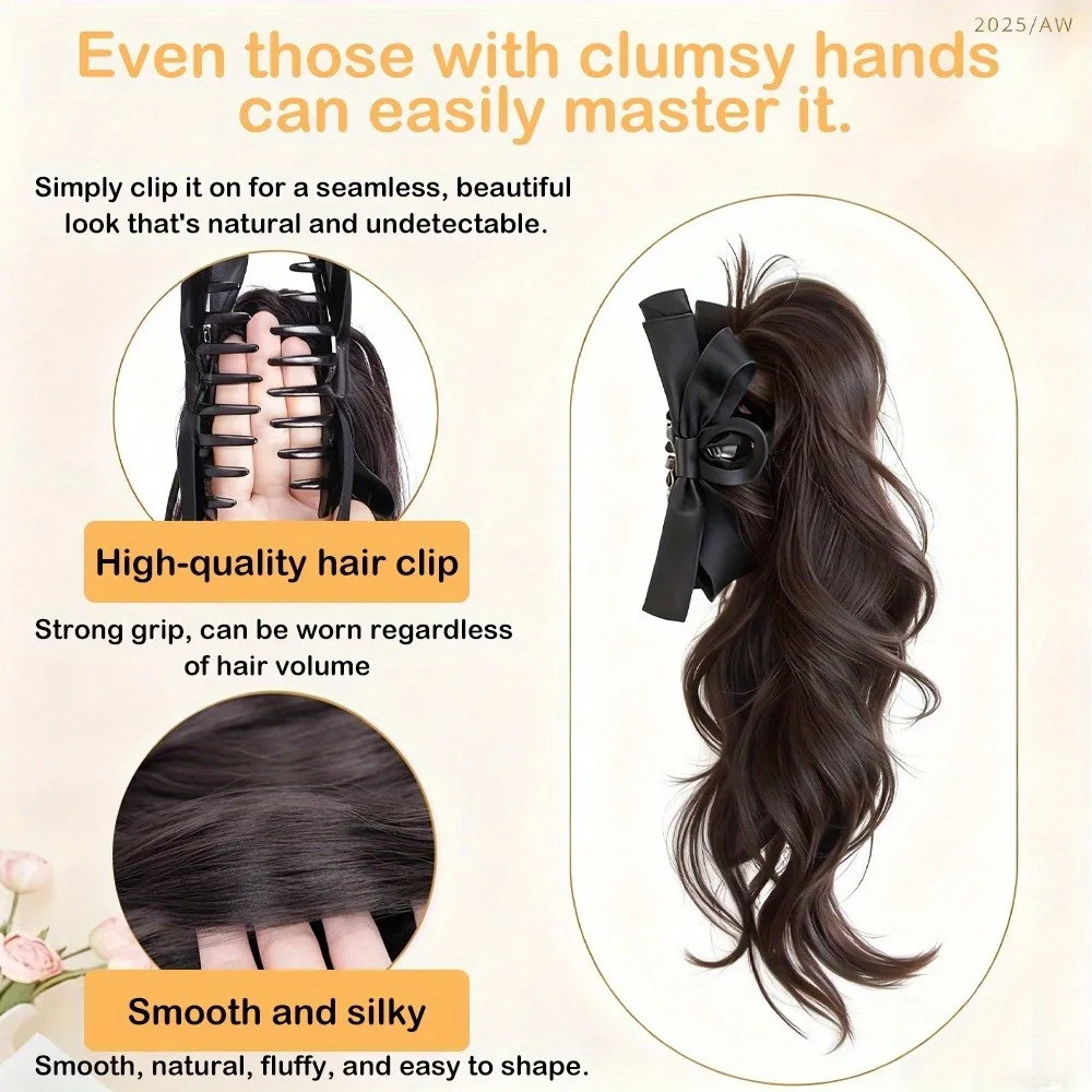 Synthetic Fiber Long Wavy Ponytail Hairpiece Clip In Hair Extension with Bow Easy Wear Volume Hairpiece Natural Look