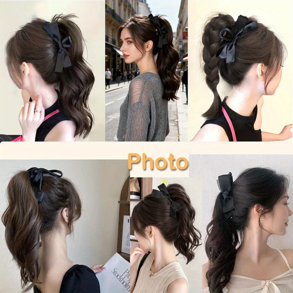 Synthetic Fiber Long Wavy Ponytail Hairpiece Clip In Hair Extension with Bow Easy Wear Volume Hairpiece Natural Look