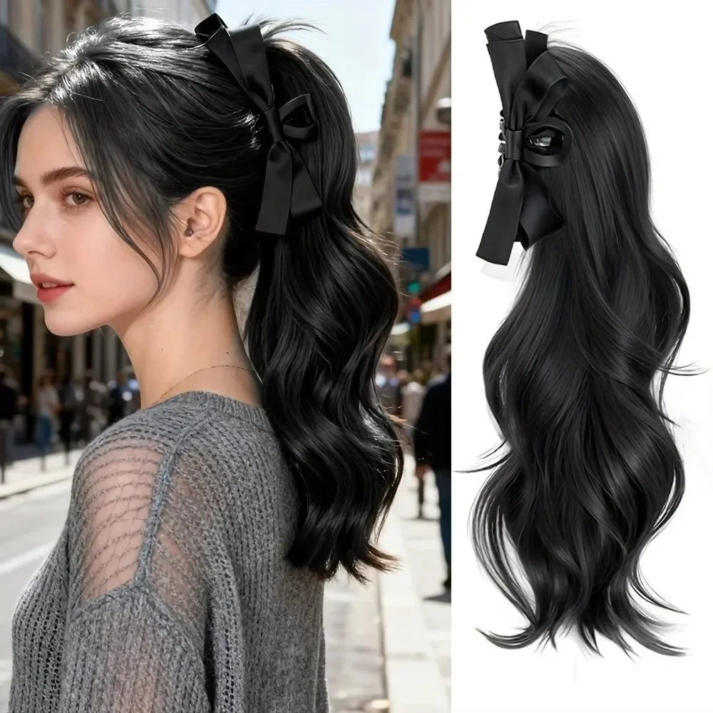 Synthetic Fiber Long Wavy Ponytail Hairpiece Clip In Hair Extension with Bow Easy Wear Volume Hairpiece Natural Look