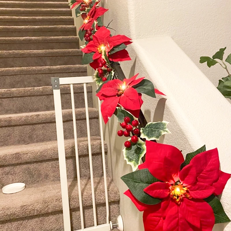 2/3/4m Christmas Poinsettia Garland Artificial Flower Xmas String Light Indoor/Outdoor Holiday Decor Christmas 2023 Navidad Noel