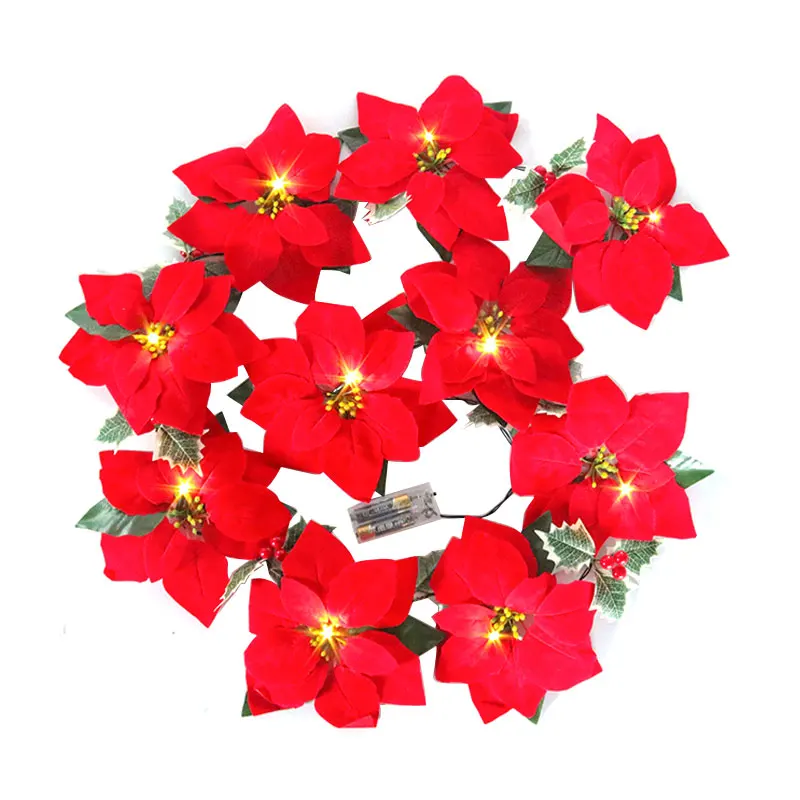 2/3/4m Christmas Poinsettia Garland Artificial Flower Xmas String Light Indoor/Outdoor Holiday Decor Christmas 2023 Navidad Noel