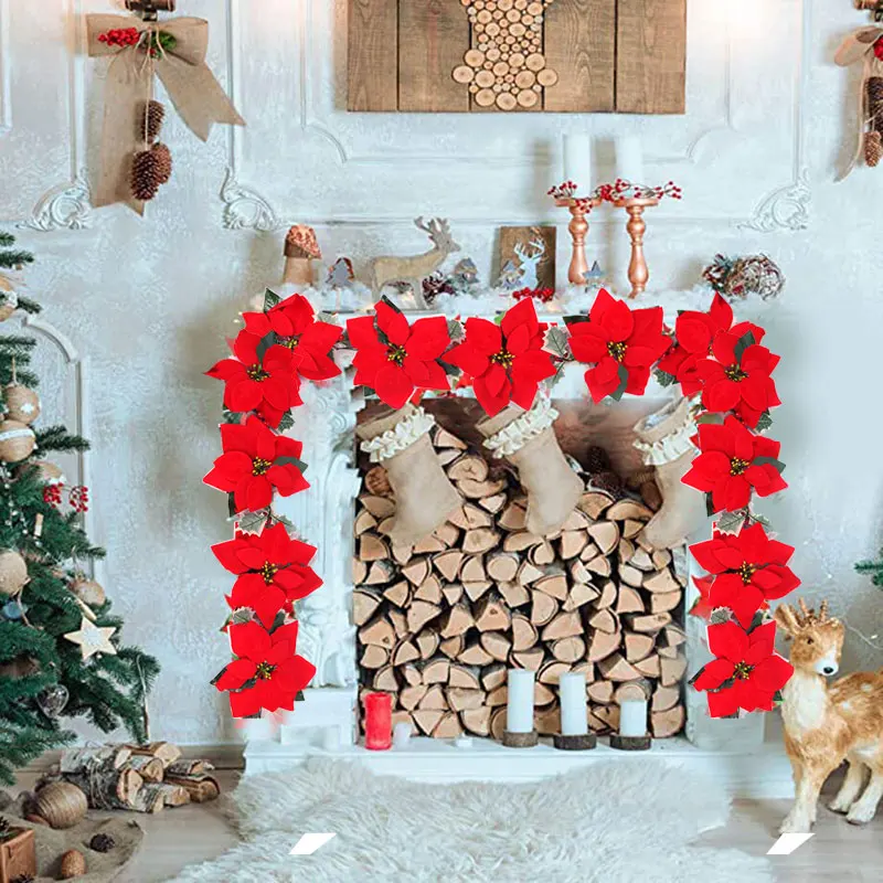 2/3/4m Christmas Poinsettia Garland Artificial Flower Xmas String Light Indoor/Outdoor Holiday Decor Christmas 2023 Navidad Noel