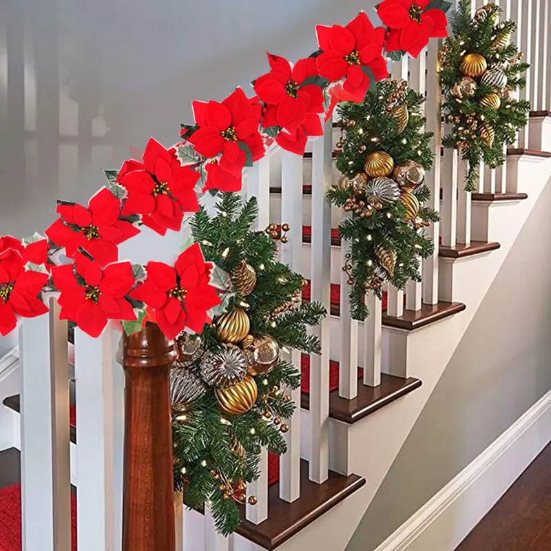 2/3/4m Christmas Poinsettia Garland Artificial Flower Xmas String Light Indoor/Outdoor Holiday Decor Christmas 2023 Navidad Noel