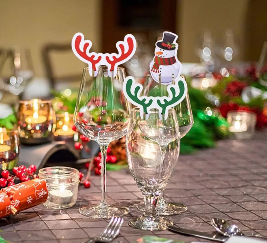 10PCS Christmas Cup Card Santa Hat Wine Glass Decor Ornaments Navidad Noel New Year Gift Christmas Decorations