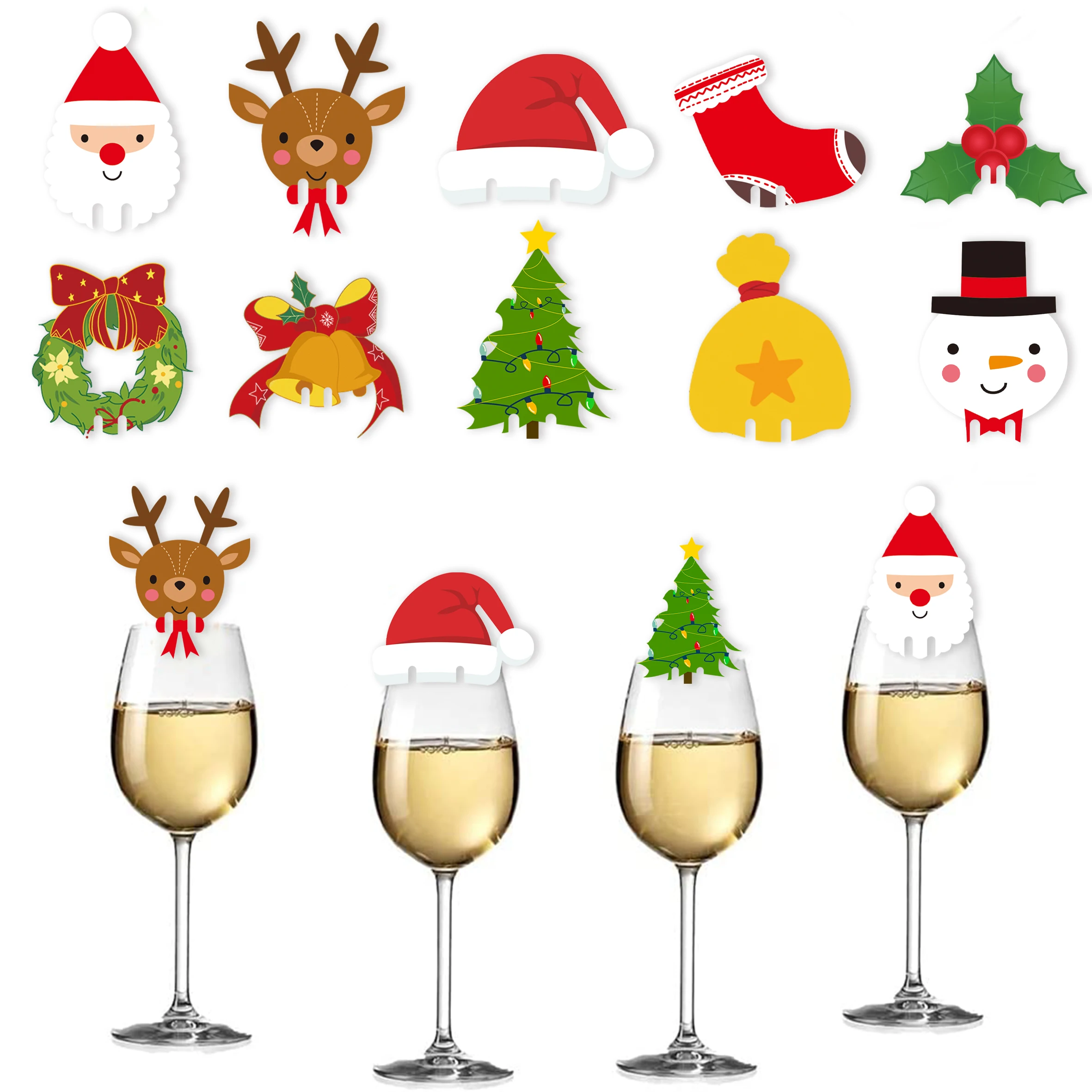 100pcs Christmas Wine Glass Decoration Santa Hat Xmas Tree Snowman Cup Card Home Table Place Decor Navidad New Year Party Supply