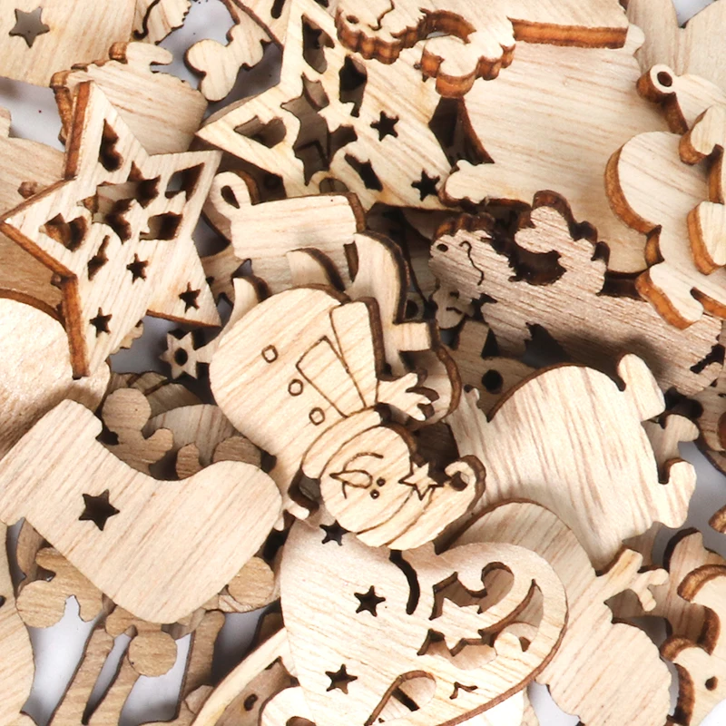 50Pcs Christmas Natural Wooden Chip Santa Claus Snowflake DIY Crafts Xmas Tree Hanging Ornament Pendant Navidad Home Decorations
