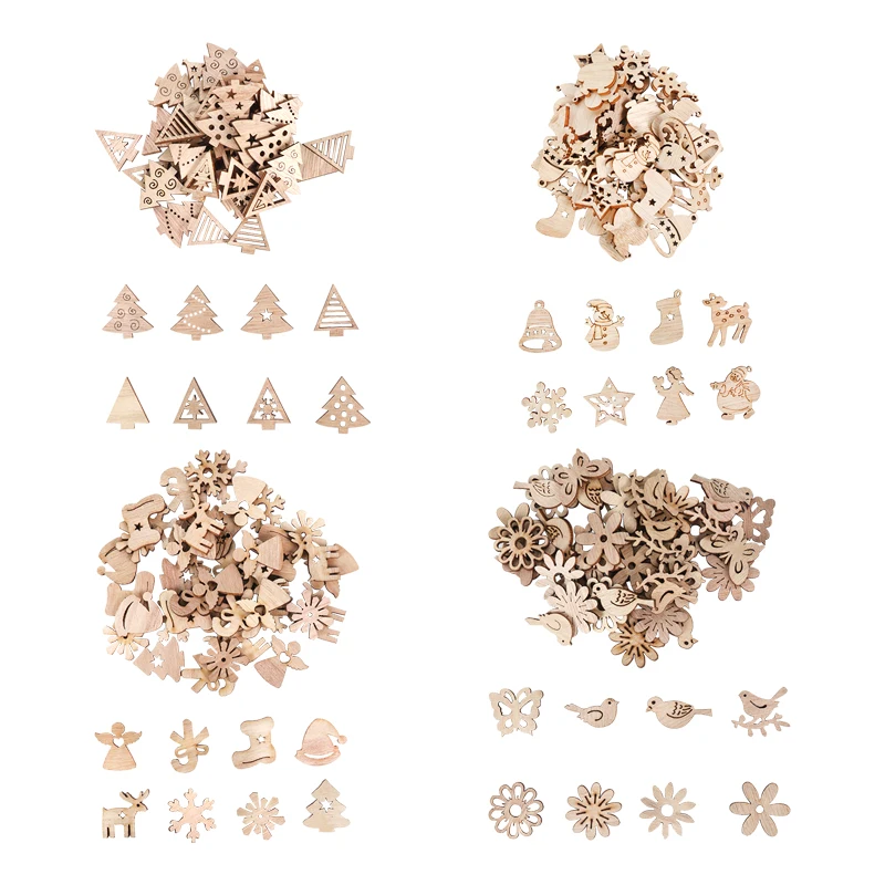 50Pcs Christmas Natural Wooden Chip Santa Claus Snowflake DIY Crafts Xmas Tree Hanging Ornament Pendant Navidad Home Decorations