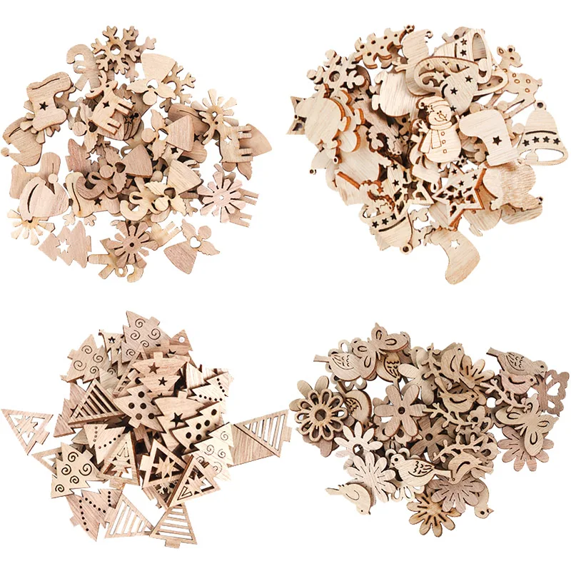 50Pcs Christmas Natural Wooden Chip Santa Claus Snowflake DIY Crafts Xmas Tree Hanging Ornament Pendant Navidad Home Decorations
