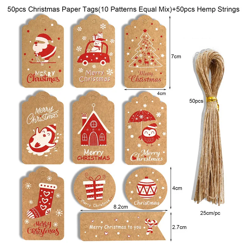 50pcs Merry Christmas Kraft Paper Tags DIY Gift Wrapping Decor Gift Card Xmas tree Hanging Label Christmas new year party favors