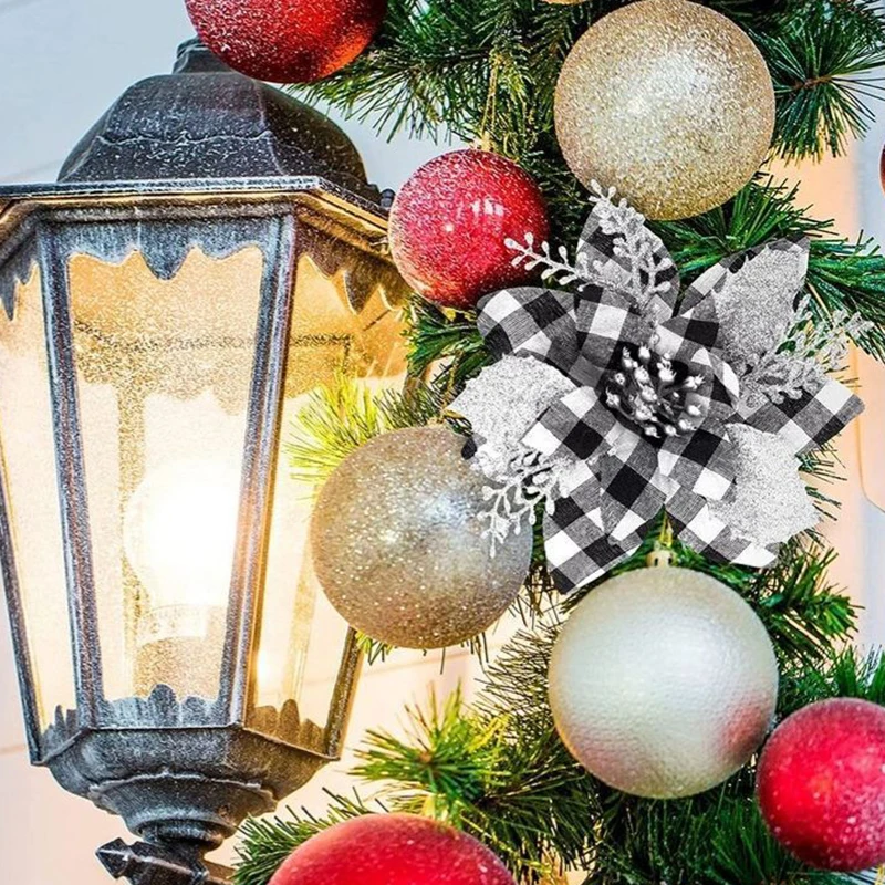 Glitter Pink Christmas Flowers Xmas Tree 14cm Artifical Flower Ornaments 2023 Merry Christmas Decoration For Home New Year