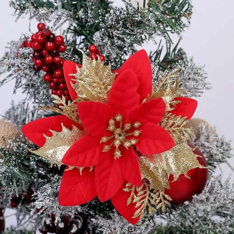 Glitter Pink Christmas Flowers Xmas Tree 14cm Artifical Flower Ornaments 2023 Merry Christmas Decoration For Home New Year