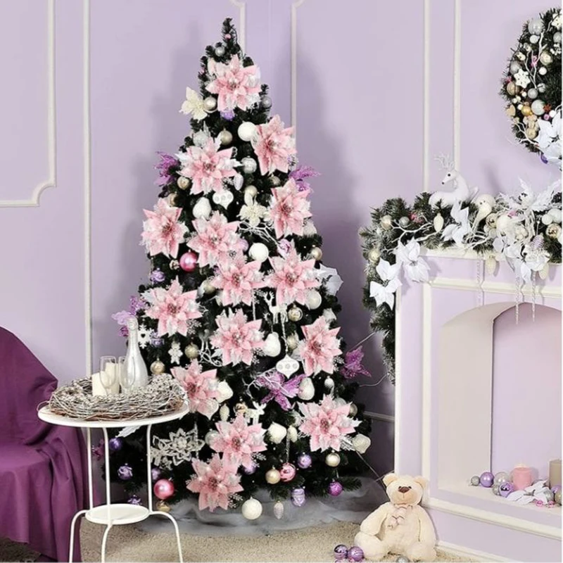 Glitter Pink Christmas Flowers Xmas Tree 14cm Artifical Flower Ornaments 2023 Merry Christmas Decoration For Home New Year
