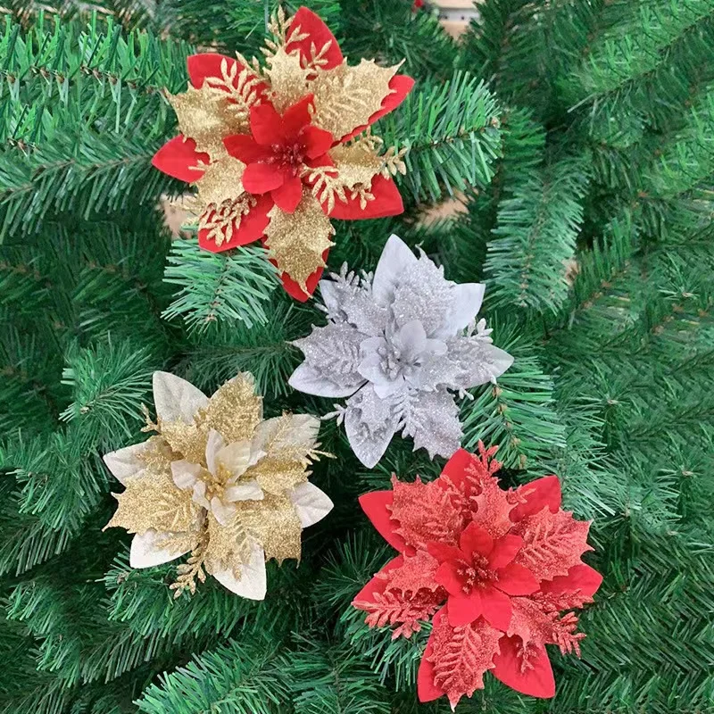 Glitter Pink Christmas Flowers Xmas Tree 14cm Artifical Flower Ornaments 2023 Merry Christmas Decoration For Home New Year