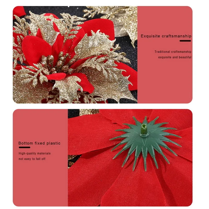 Glitter Pink Christmas Flowers Xmas Tree 14cm Artifical Flower Ornaments 2023 Merry Christmas Decoration For Home New Year