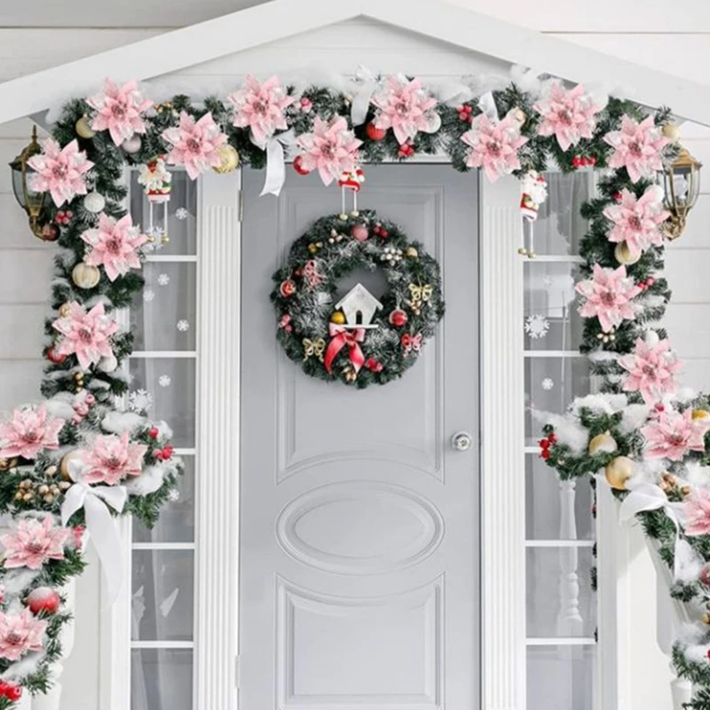 Glitter Pink Christmas Flowers Xmas Tree 14cm Artifical Flower Ornaments 2023 Merry Christmas Decoration For Home New Year