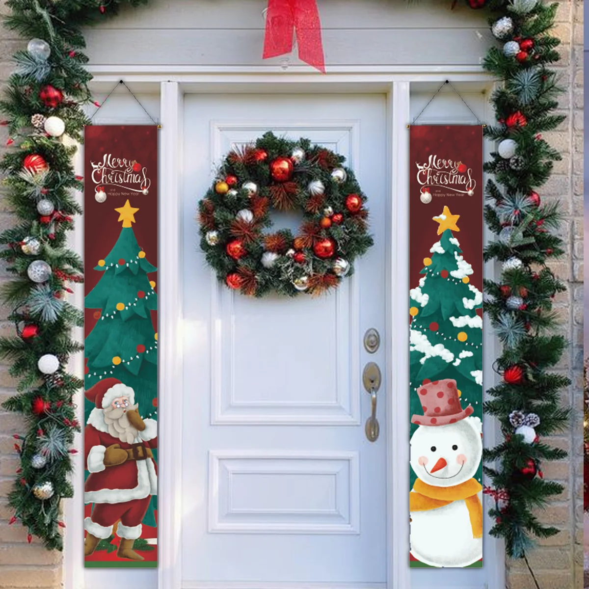 1set Christmas 2024 Decorations Door Banner Merry Christmas Santa Snowman Hanging Banner Supplies New Year Home Xmas Decor Noel