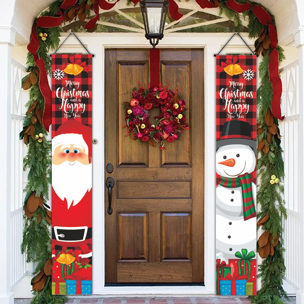 1set Christmas 2024 Decorations Door Banner Merry Christmas Santa Snowman Hanging Banner Supplies New Year Home Xmas Decor Noel