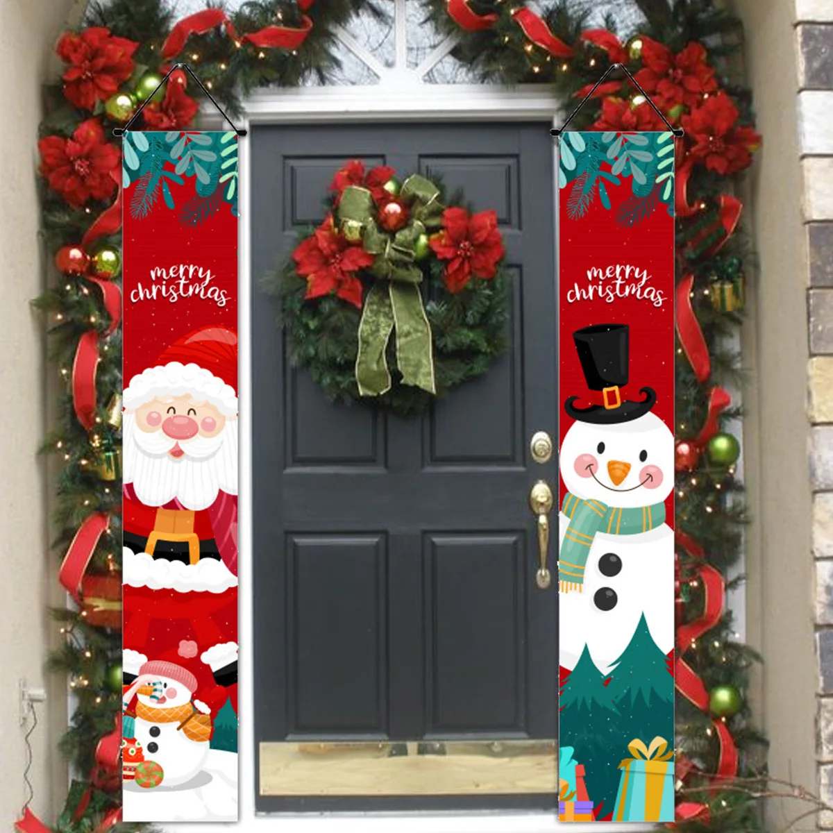 1set Christmas 2024 Decorations Door Banner Merry Christmas Santa Snowman Hanging Banner Supplies New Year Home Xmas Decor Noel