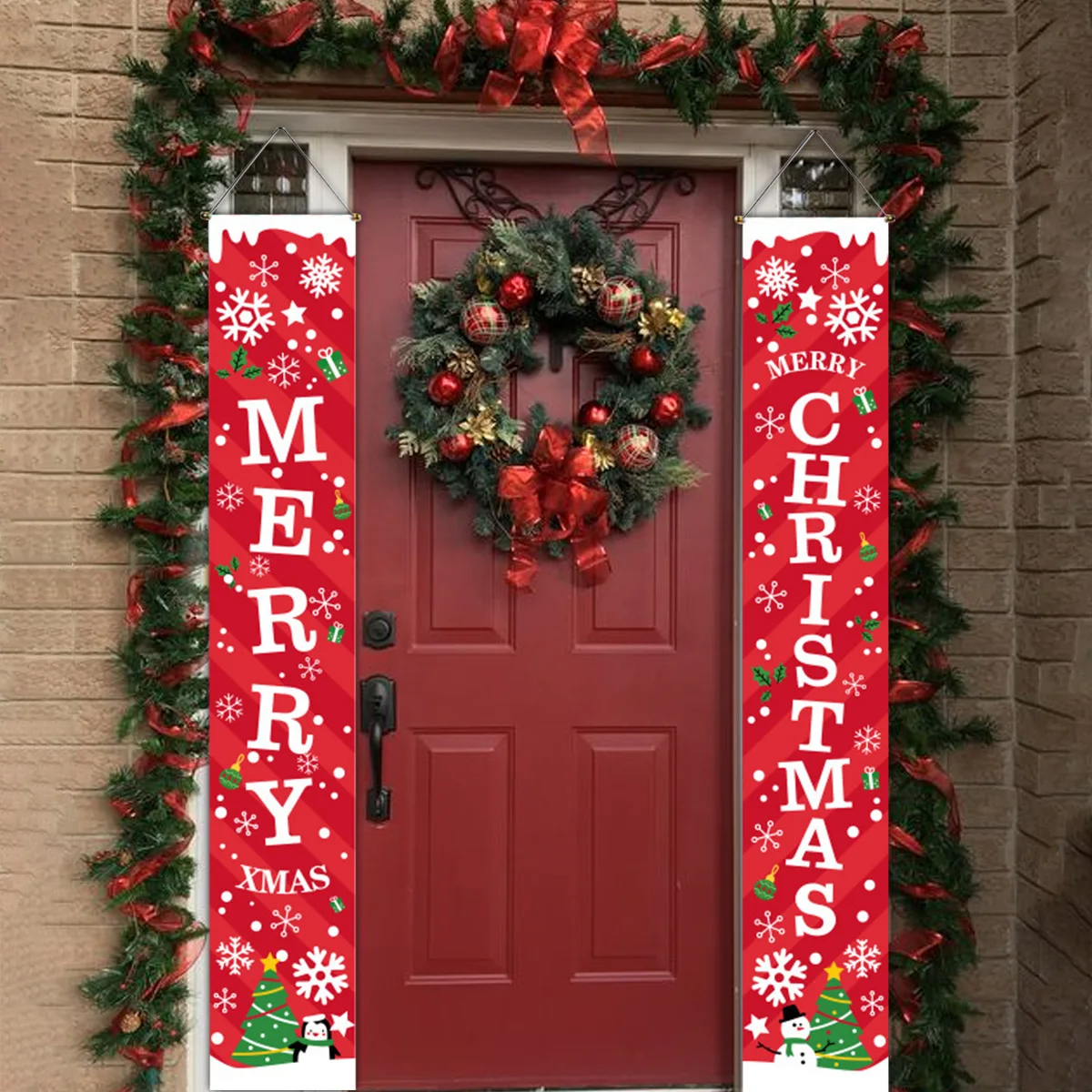 1set Christmas 2024 Decorations Door Banner Merry Christmas Santa Snowman Hanging Banner Supplies New Year Home Xmas Decor Noel