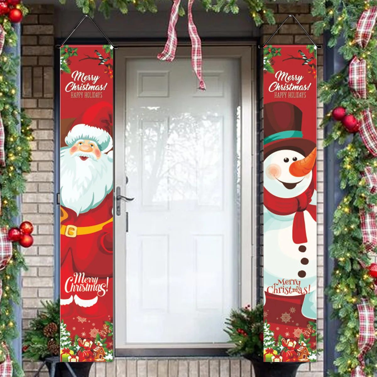 1set Christmas 2024 Decorations Door Banner Merry Christmas Santa Snowman Hanging Banner Supplies New Year Home Xmas Decor Noel
