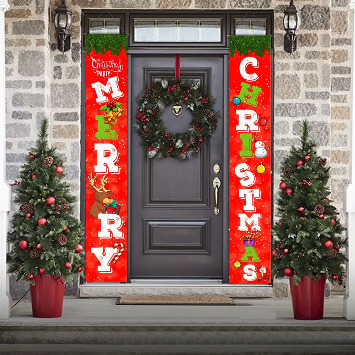1set Christmas 2024 Decorations Door Banner Merry Christmas Santa Snowman Hanging Banner Supplies New Year Home Xmas Decor Noel