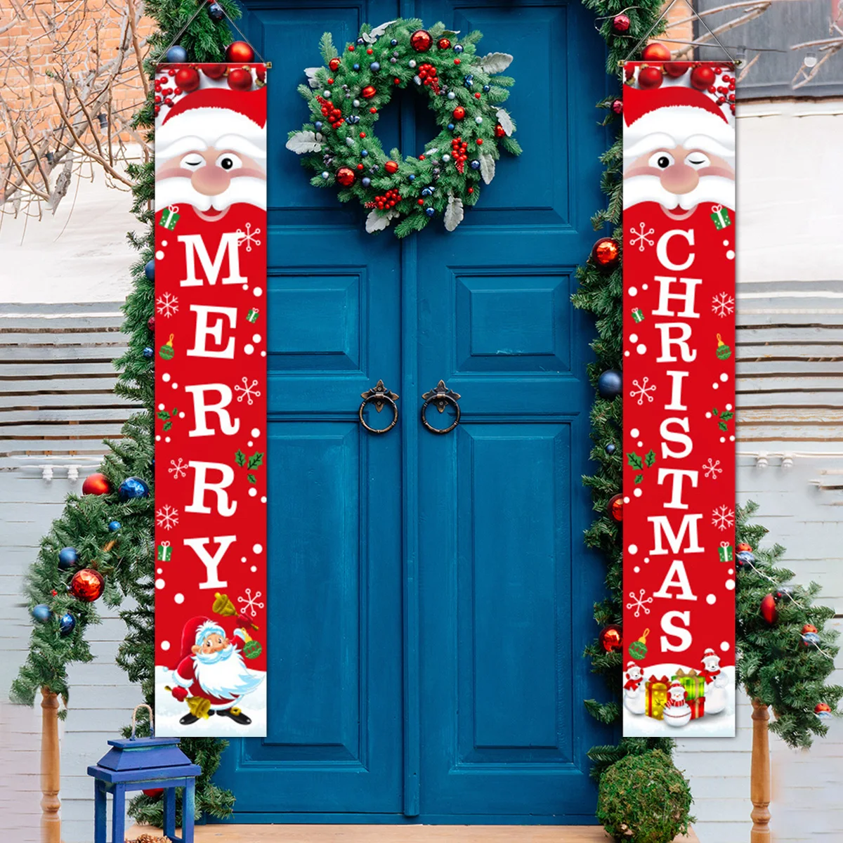 1set Christmas 2024 Decorations Door Banner Merry Christmas Santa Snowman Hanging Banner Supplies New Year Home Xmas Decor Noel