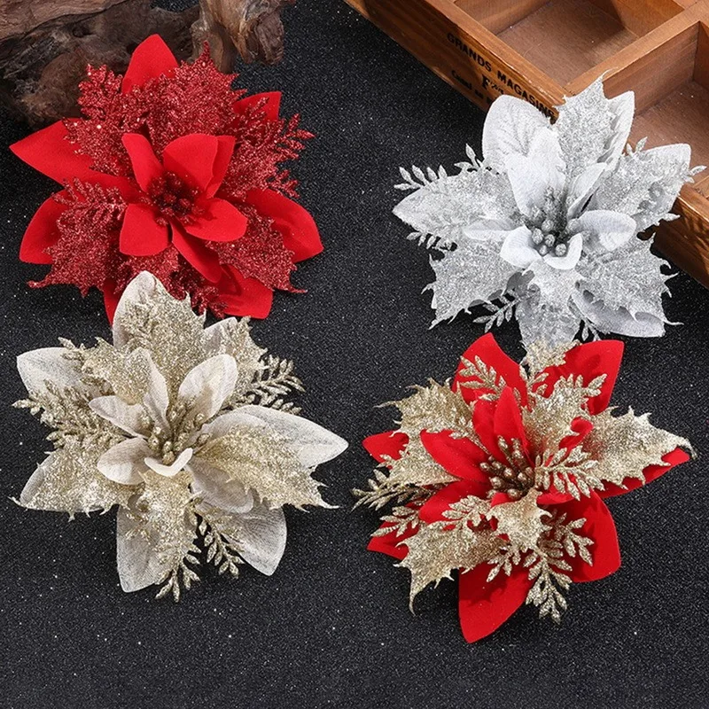 Valentines Day Flowers Glitter Artificial Poinsettia Floral Xmas Tree Ornaments DIY Garlands Home Wedding Party Decorations Gift