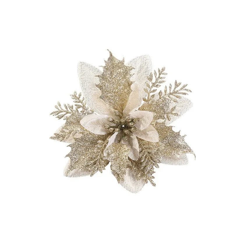 Valentines Day Flowers Glitter Artificial Poinsettia Floral Xmas Tree Ornaments DIY Garlands Home Wedding Party Decorations Gift