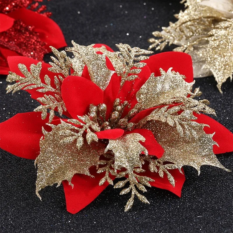 Valentines Day Flowers Glitter Artificial Poinsettia Floral Xmas Tree Ornaments DIY Garlands Home Wedding Party Decorations Gift
