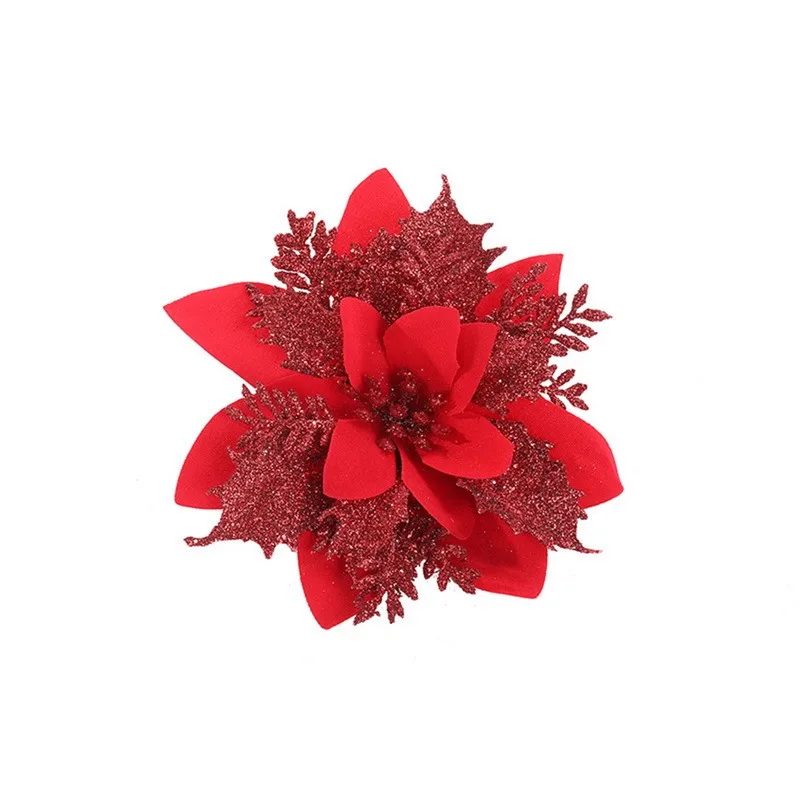 Valentines Day Flowers Glitter Artificial Poinsettia Floral Xmas Tree Ornaments DIY Garlands Home Wedding Party Decorations Gift