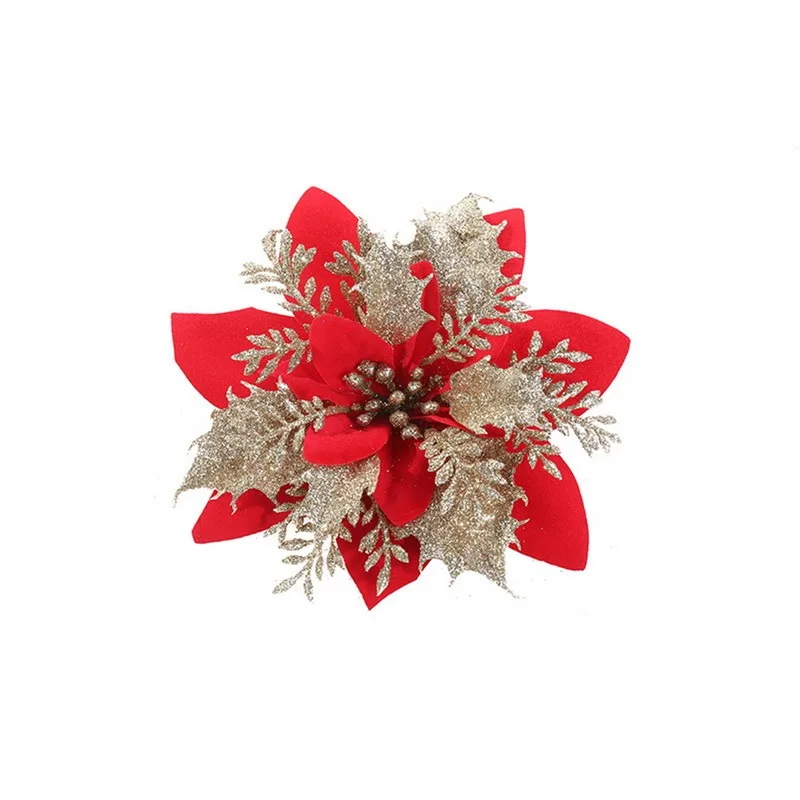 Valentines Day Flowers Glitter Artificial Poinsettia Floral Xmas Tree Ornaments DIY Garlands Home Wedding Party Decorations Gift
