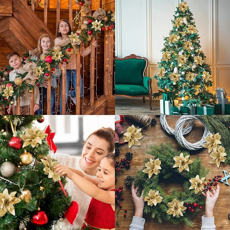 Valentines Day Flowers Glitter Artificial Poinsettia Floral Xmas Tree Ornaments DIY Garlands Home Wedding Party Decorations Gift