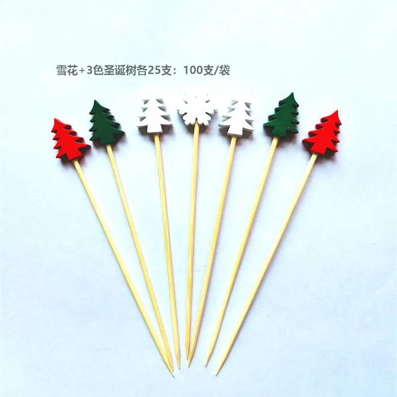 50Pcs/set Christmas Fruit Sticks Disposable Bamboo Sticks Snowflake Christmas Tree Elk Santa Claus Snowman Sticks Xmas Ornaments