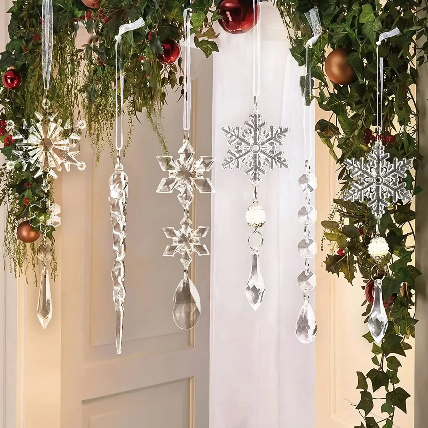 Xmas Tree Transparent Snowflake Hanging Ornaments Acrylic Icicle Pendant 2024 Christmas Decoration for Home New Year Gifts