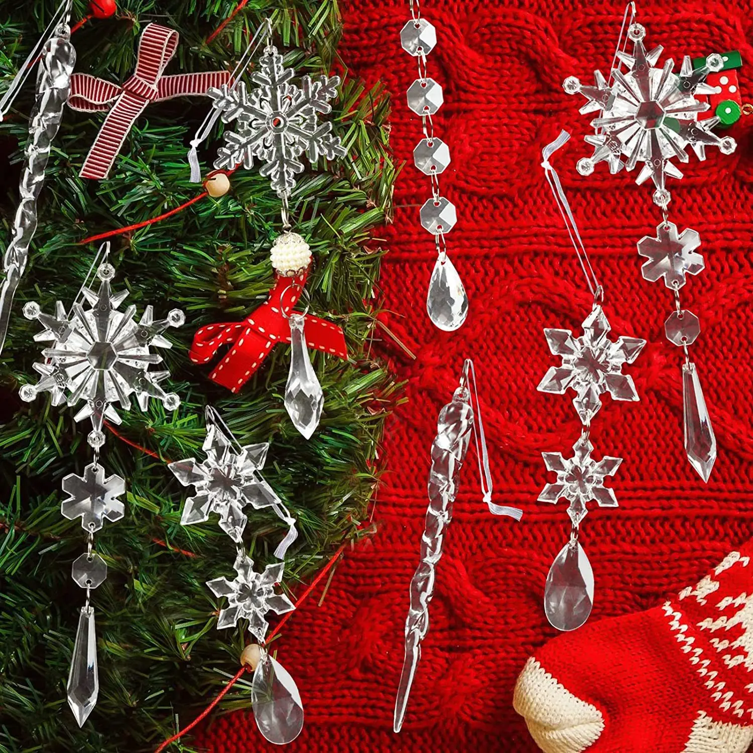 Xmas Tree Transparent Snowflake Hanging Ornaments Acrylic Icicle Pendant 2024 Christmas Decoration for Home New Year Gifts