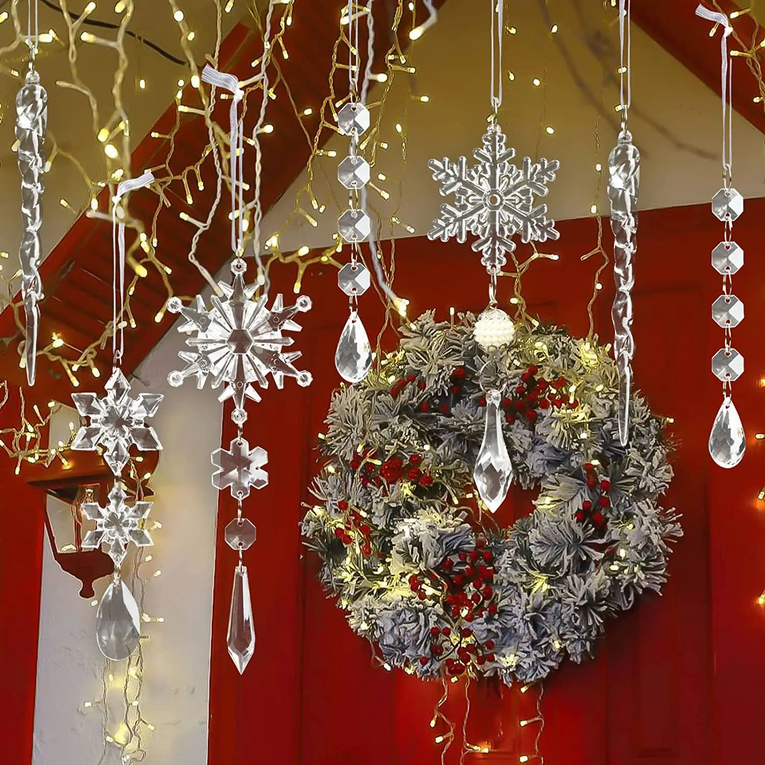 Xmas Tree Transparent Snowflake Hanging Ornaments Acrylic Icicle Pendant 2024 Christmas Decoration for Home New Year Gifts
